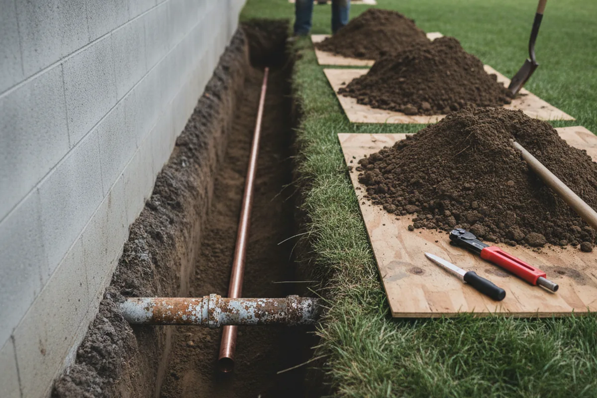 Excavated water line trench during Sewer Line Repair in Los Gatos